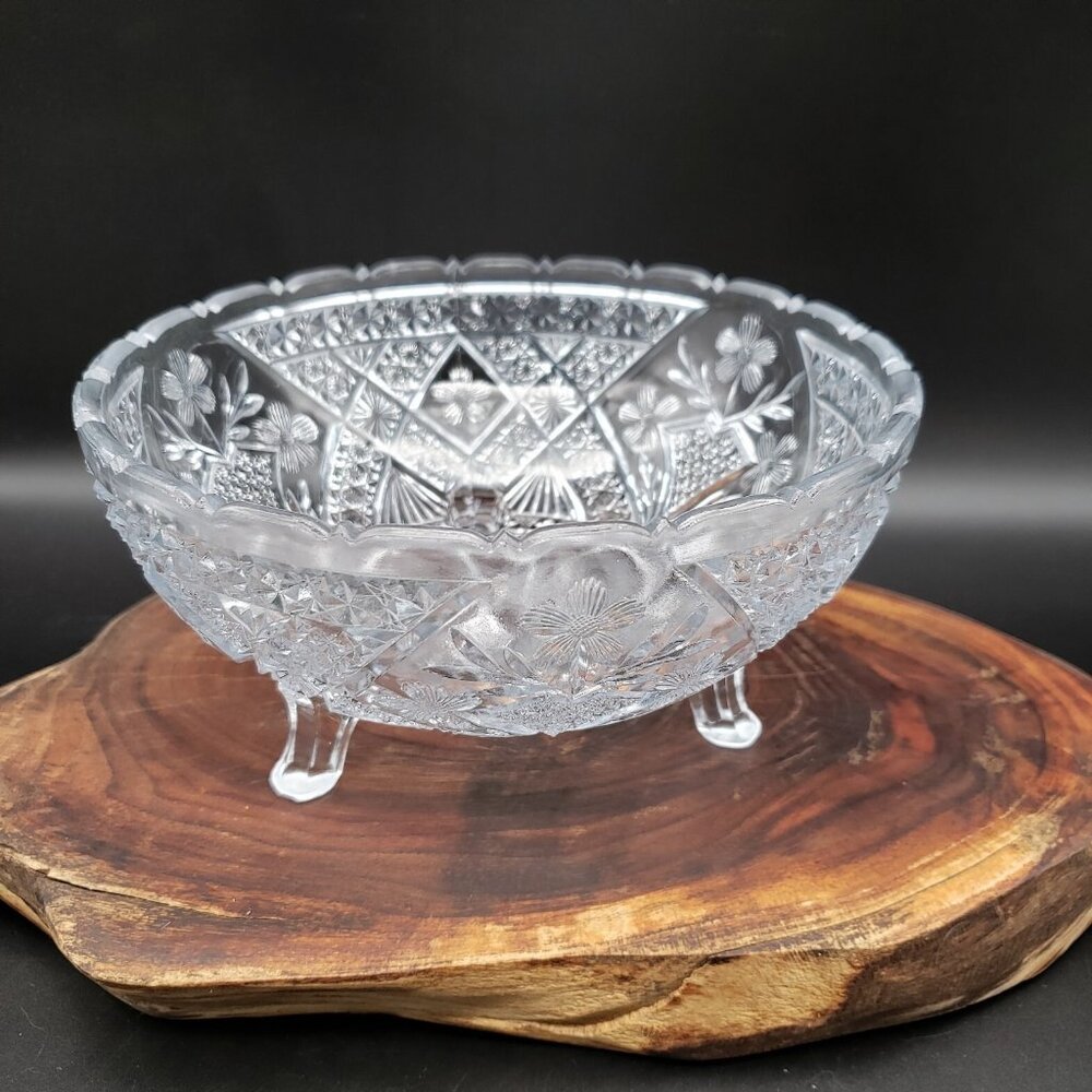 Indiana Glass Garden Pink Footed Bowl Clear Floral 3-Toed 7.25" EAPG USA